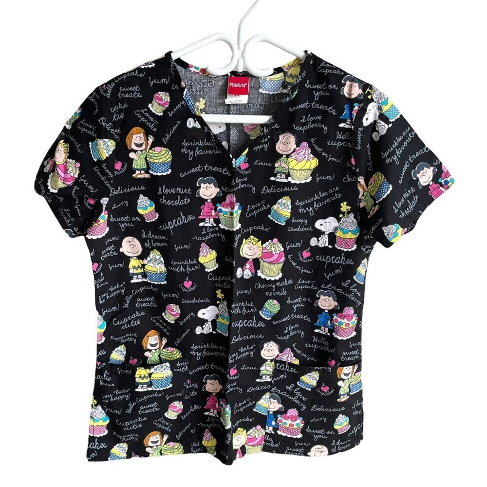 Peanuts Scrubs Top V-Neck Short Sleeve 100% Cotton Women's Small